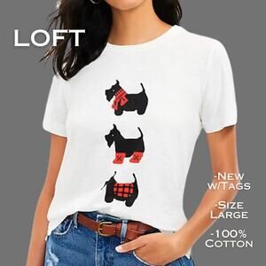 LOFT Scottie Dog Print T-Shirt Large White Black Graphic Holiday Lightweight NEW
